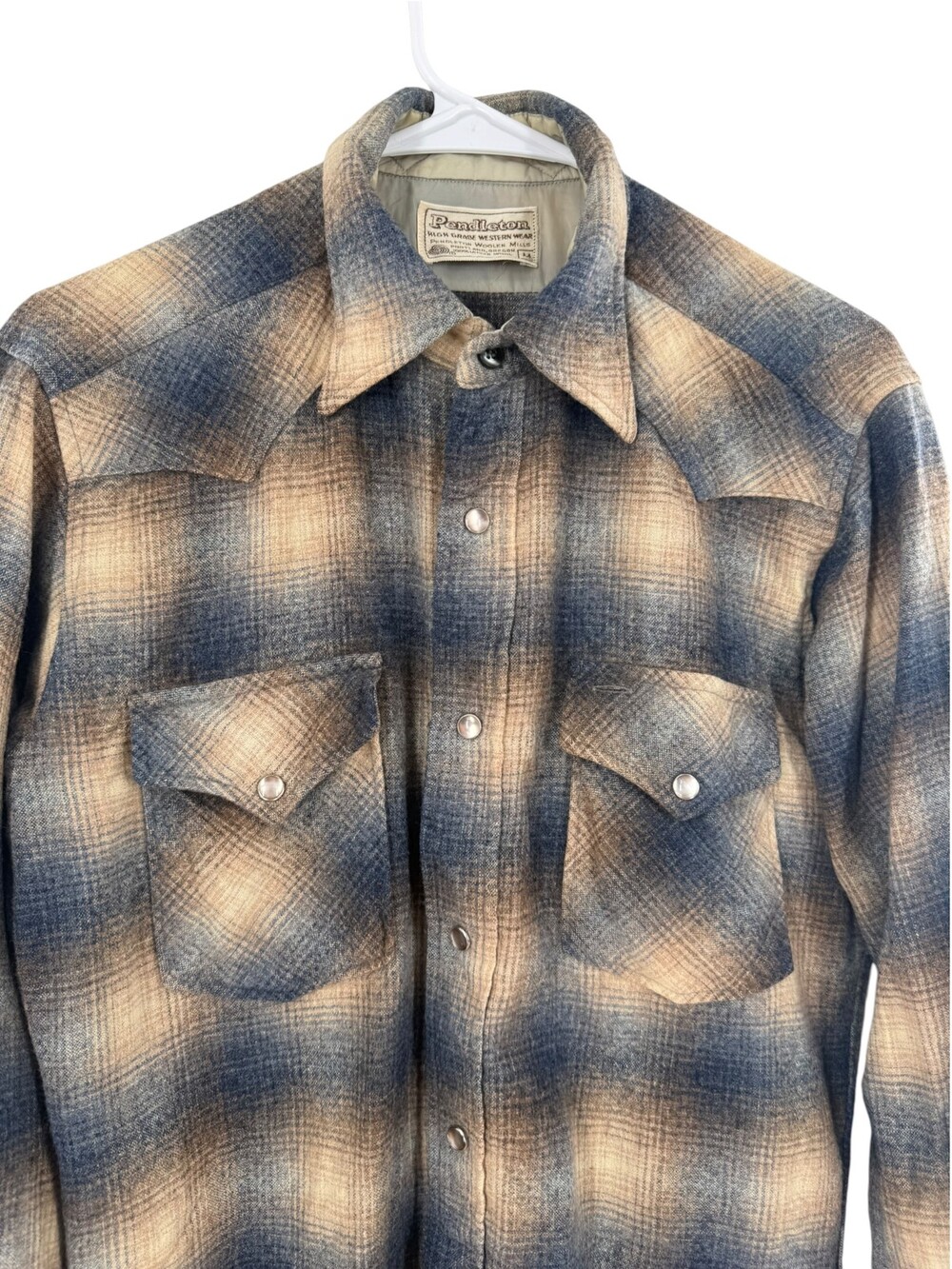 Pendleton High Grade Western Shirt Wool Pearl Shadow Plaid Blue Tan Men's Size M - Picture 3 of 10